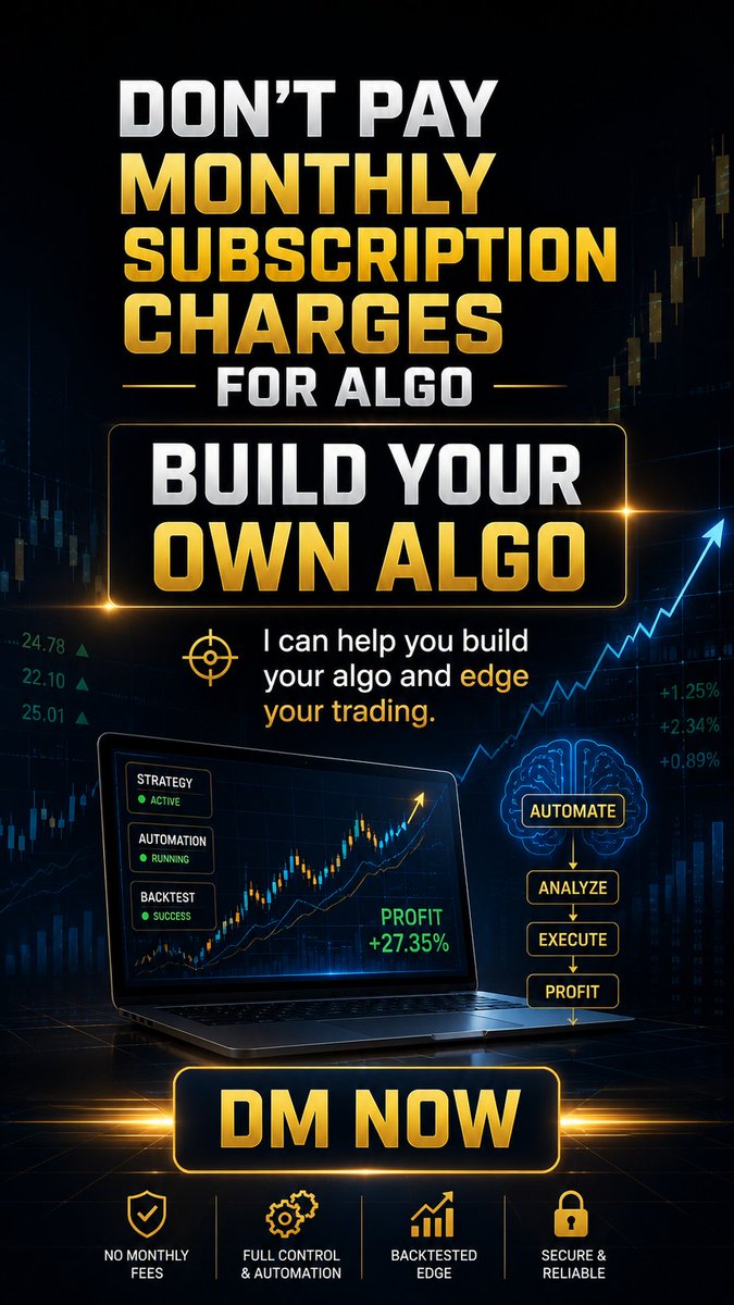 Trader_Akash0's tweet photo. Stop renting trading algos. Build one that's truly yours.

❌ No monthly subscription fees
✅ Custom-built for your strategy
✅ Full control
✅ Automate your edge

I can help you build your own trading algo from scratch.

📩 DM to get started.

#AlgoTrading #Trading #Nifty https://t.co/GqgzALMLji