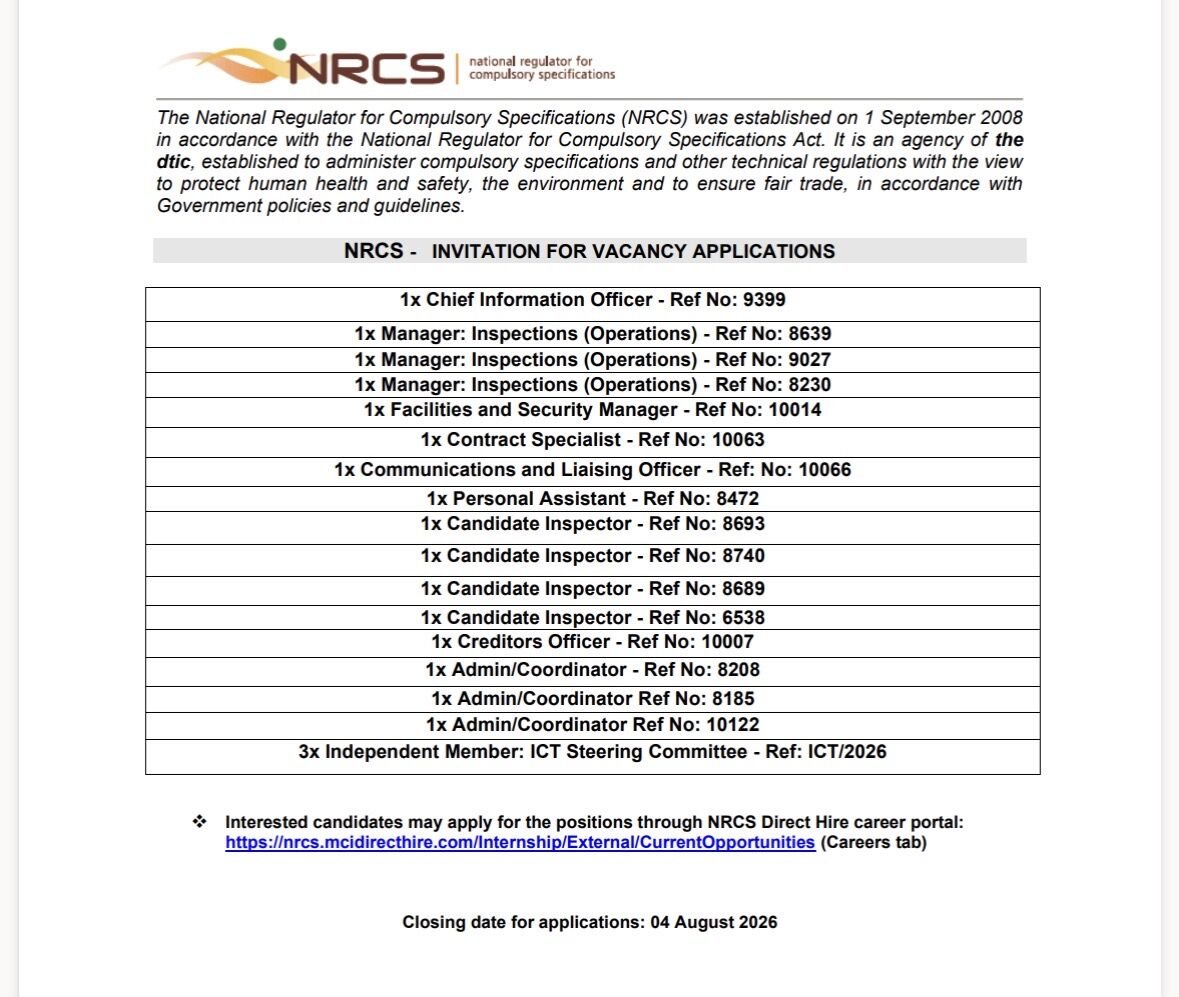 yuthconnect's tweet photo. 📢 WE'RE HIRING | JOIN THE NRCS TEAM

The National Regulator for Compulsory Specifications (NRCS) is looking for passionate and qualified professionals to join our team.

We have exciting career opportunities across various business units. If you are committed to protecting public health and safety, promoting fair trade, and making a meaningful contribution to South Africa, we encourage you to apply.

📅 Closing Date: 04 August 2026.

View the full advertisement and apply online:
 
🔗 Career Page (Direct Hire Profile):
https://t.co/LUqnpP5FWr

🔗 Direct Hire Website:
https://t.co/LUqnpP5FWr

#NRCS #WereHiring #CareerOpportunities #JoinOurTeam #PublicService #Employment #SouthAfricaJobs