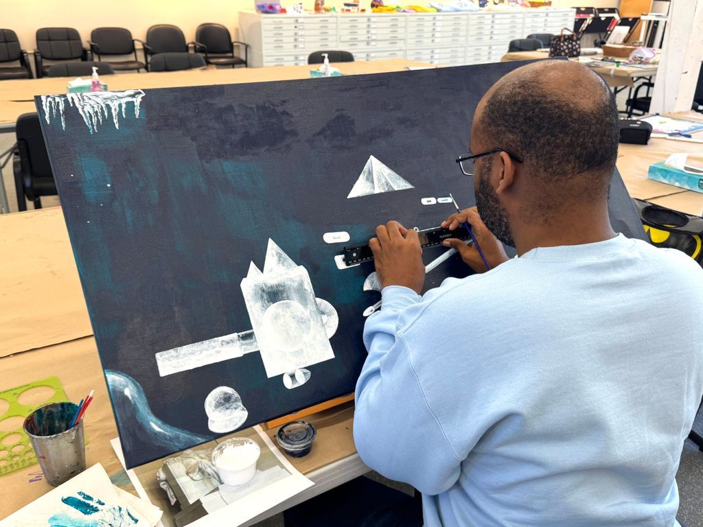 ArtEnables's tweet photo. Keith Lewis working on a large new painting recently with his trademark precision.📐 He was inspired to make this after seeing a painting with a dark background by fellow artist Toni Lane, but each artist's piece is so completely their own! https://t.co/VZbGeNJs7t