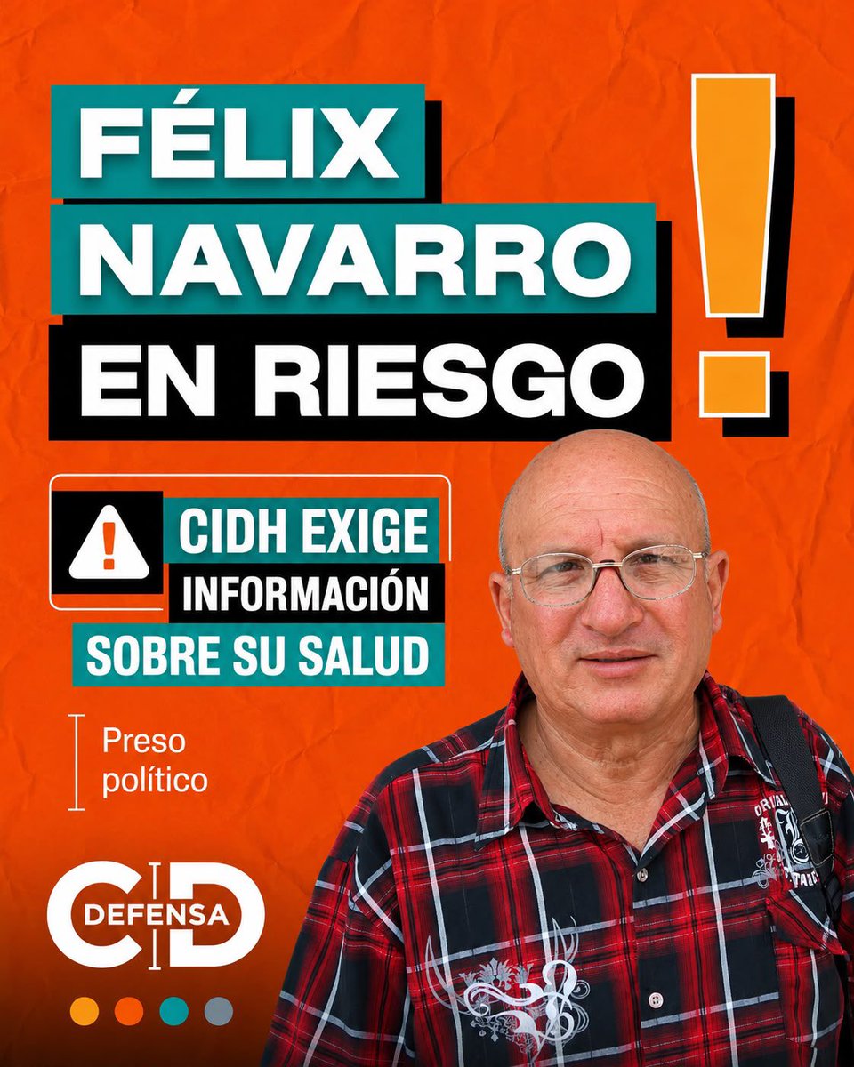 CUBADECIDE's tweet photo. CIDH exige información sobre Félix Navarro al régimen cubano.

La Comisión Interamericana de Derechos Humanos solicitó al régimen cubano información sobre el estado de Félix Navarro Rodríguez, preso político y promotor de Cuba Decide, condenado injustamente y beneficiario de una medida cautelar de protección.

https://t.co/TMfa1KdCwK

#defensacd