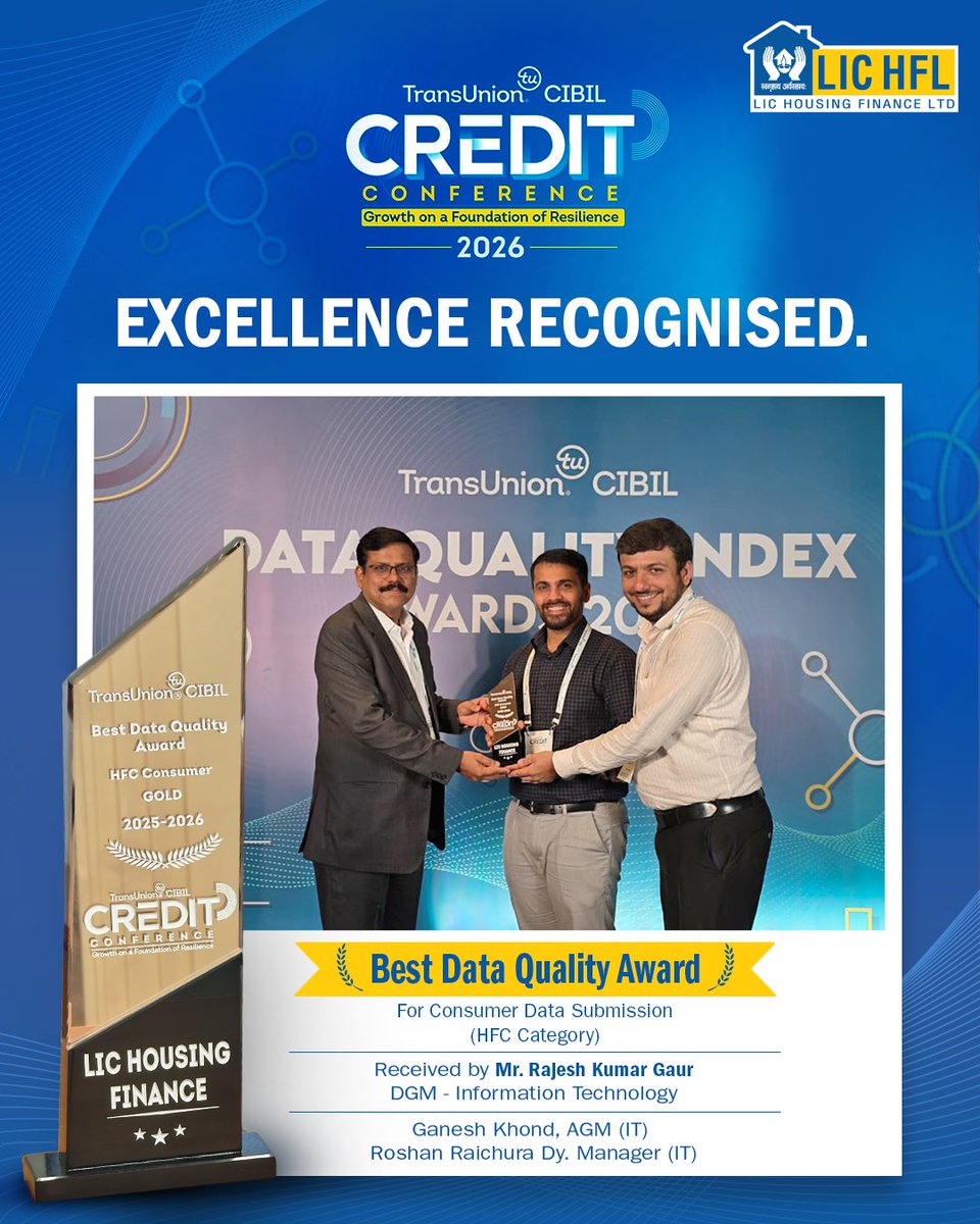 LIC_HFL's tweet photo. Proud moment for the LIC Housing Finance family! Mr. Rajesh Kumar Gaur (DGM-IT), Mr. Ganesh Khond (AGM-IT) and Mr. Roshan Raichura (Dy. Manager-IT) accepted this prestigious recognition. Thank you, TransUnion CIBIL!
#LICHFL #TransUnionCIBIL #DataQuality #HarGharKaHumsafar https://t.co/AojUfpjtkk
