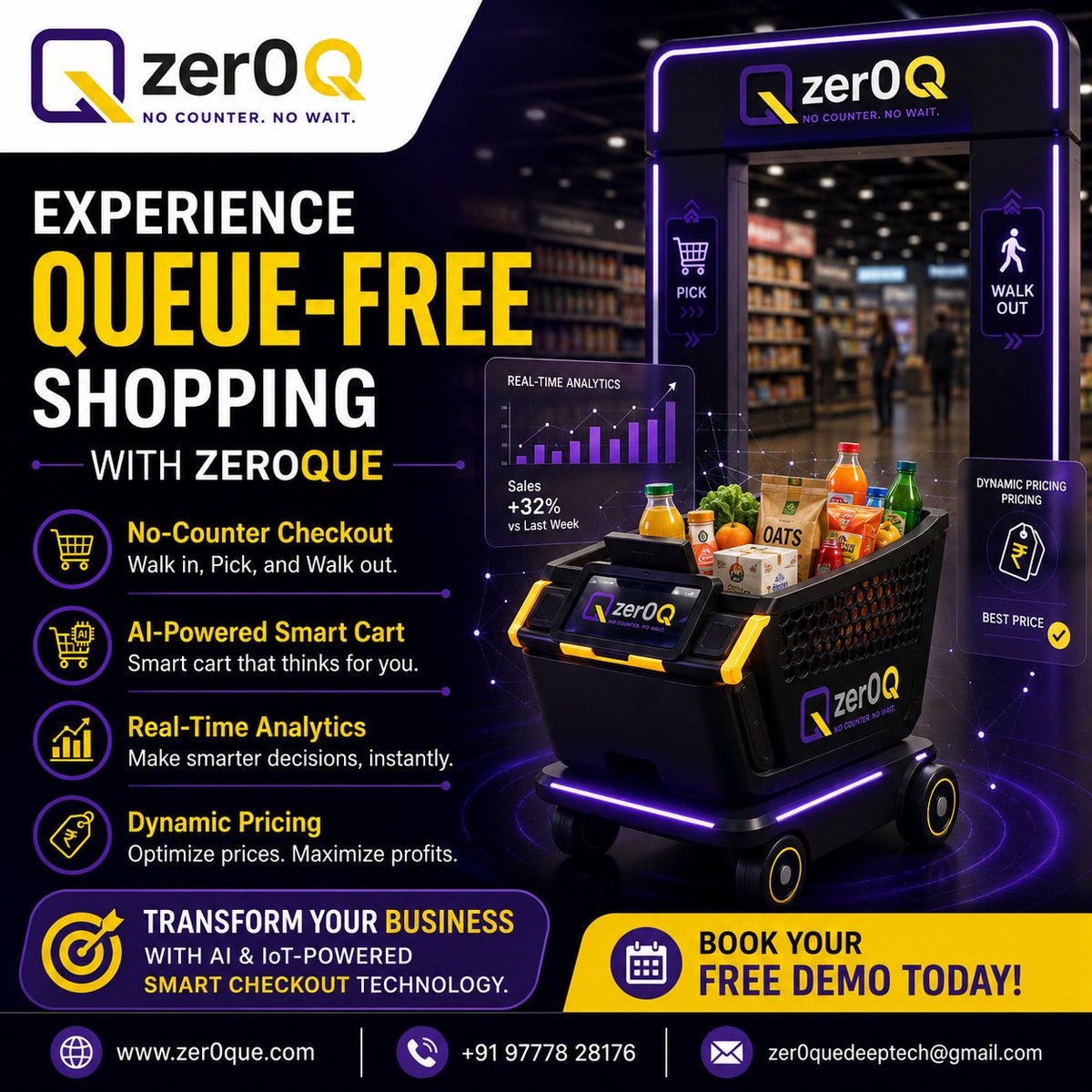 Zer0Queue's tweet photo. 🛒 Why Wait in Billing Lines When Checkout Can Happen Instantly?

🚀 Introducing Zer0Que – The Future of Queue-Free Shopping!

Experience a smarter way to shop with Zer0Que, an AI &amp; IoT-powered No-Counter Checkout Solution that lets customers simply pick products and... https://t.co/m2wHqYlU7Z
