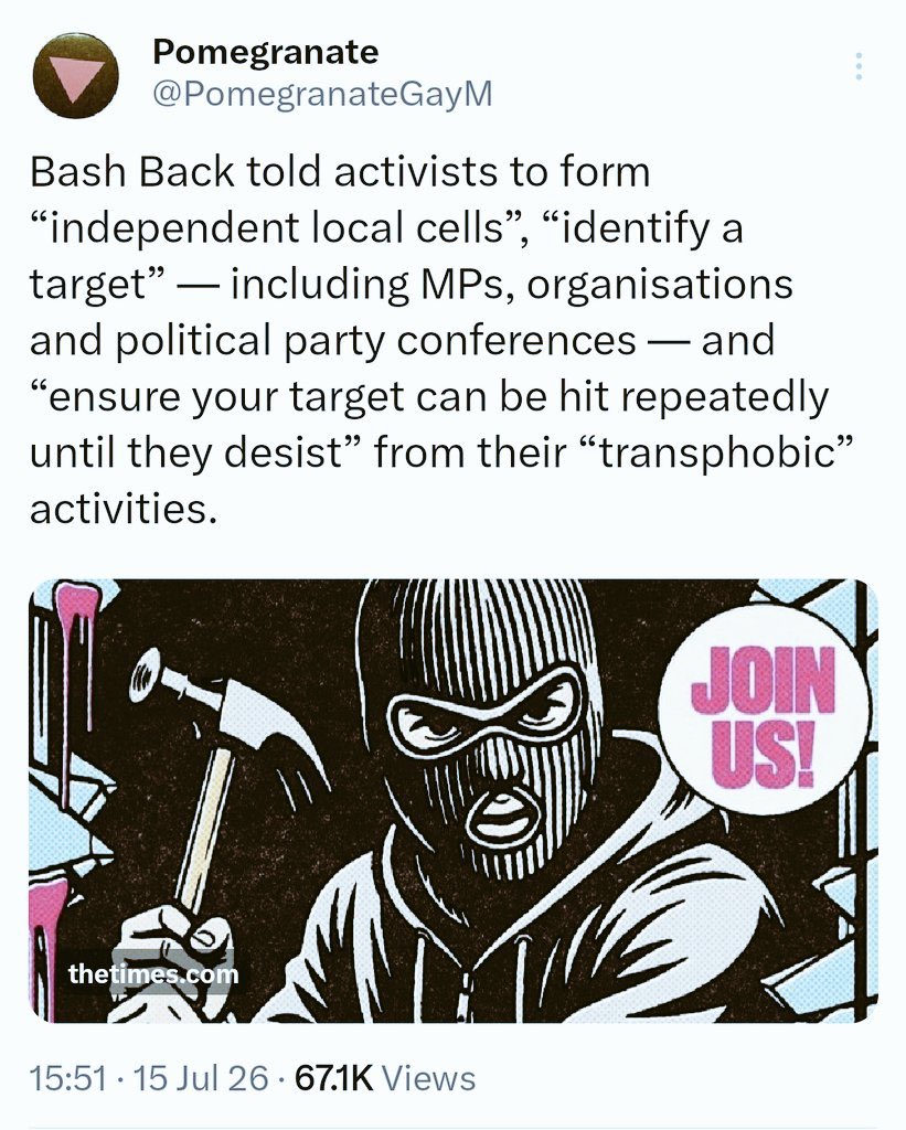 LordWalney's tweet photo. Sinister, violent, and particularly disgusting given the news that Anne Widdecombe died after multiple hammer blows to the head. 
We are right to prosecute people for supporting Palestine Action terrorism and Bash Back should be next. https://t.co/P2sE6An5UA