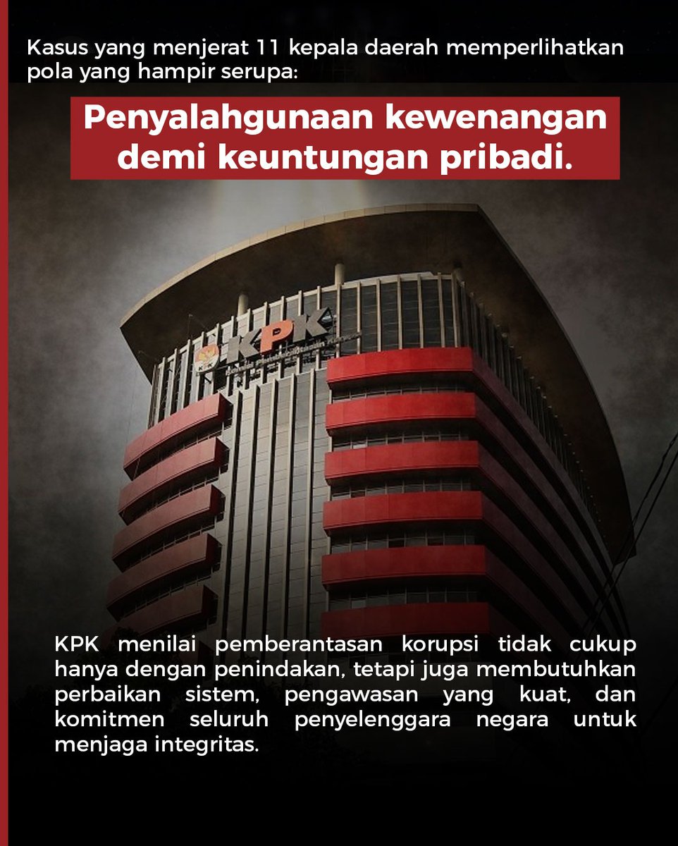 tvOneNews's tweet photo. Sebelas kepala daerah dari berbagai wilayah di Indonesia tercatat pernah terjaring Operasi Tangkap Tangan (OTT) Komisi Pemberantasan Korupsi (KPK).

#PhotoStory #StoryOne #OTT #KPK #KepalaDaerah #DugaanSuap #Gratifikasi #PS01 https://t.co/tBENs7UKBh