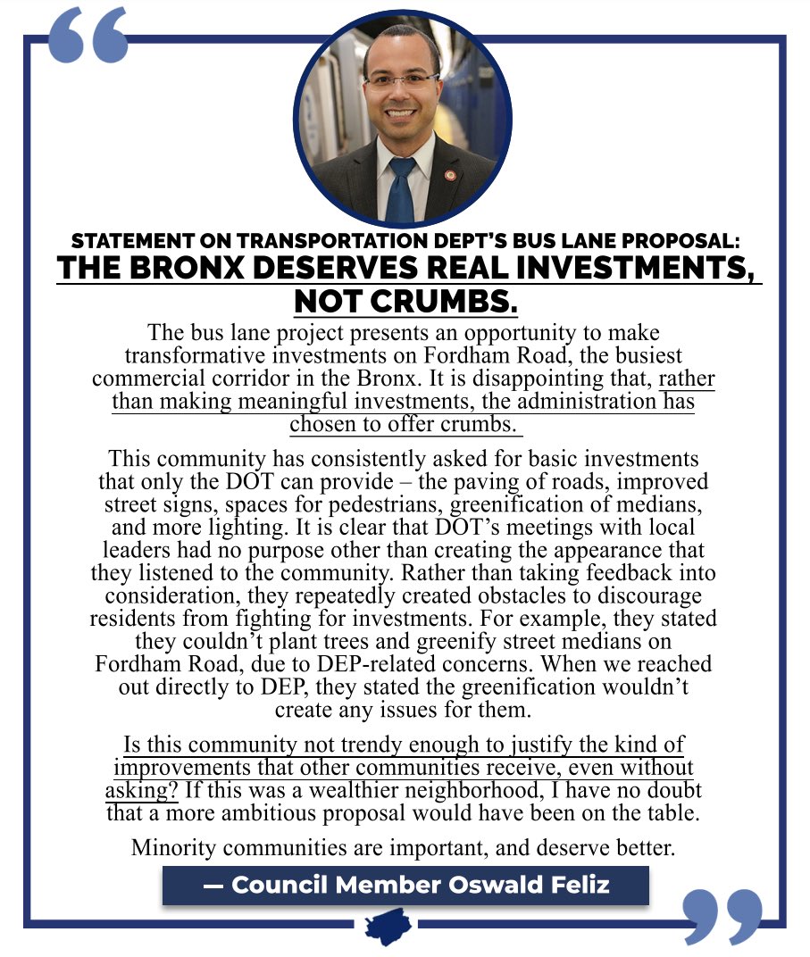 OswaldFeliz's tweet photo. Later today, @NYCMayor's @NYC_DOT will break ground on its Fordham Road bus lane redesign project. Project presented an opportunity to bring real investments to a historically-neglected minority community; and the admin has instead chosen to deliver crumbs. Full statement below: https://t.co/KvlyGYqwGT