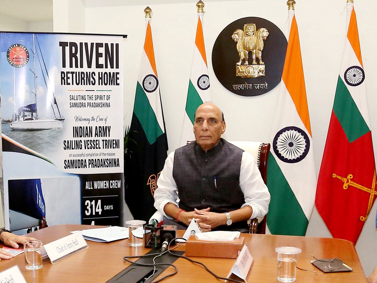 SpokespersonMoD's tweet photo. Raksha Mantri Shri @rajnathsingh flagged-in the first-ever Tri-Service all-women circumnavigation sailing expedition, Samudra Pradakshina on July 22, 2026. Nine women officers returned after a remarkable 314-day voyage covering nearly 25,500 nautical miles across four oceans.

Describing the expedition as a symbol of Nari Shakti, Tri-Service jointness and New India’s resolve, Raksha Mantri lauded the crew’s courage, resilience and professionalism. He also stated that IASV Triveni stands as a testament to India’s engineering excellence, indigenous capability and strategic confidence. #SamudraPradakshina #NariShakti

Read here: https://t.co/geSbJ9RmQc