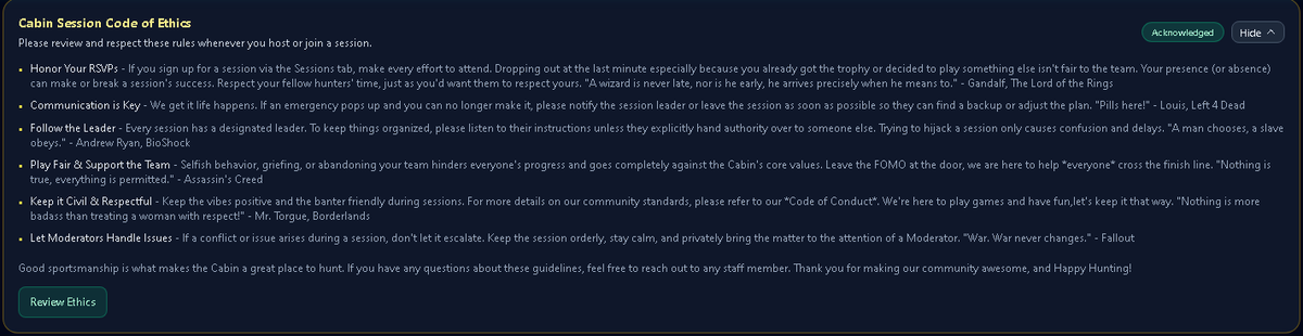 thehuntercabin's tweet photo. Hunter's Cabin is a reliable and positive place to play, to help insure that before joining a session members just agree to the following.
#positivegaming https://t.co/MF2bKSj2sG