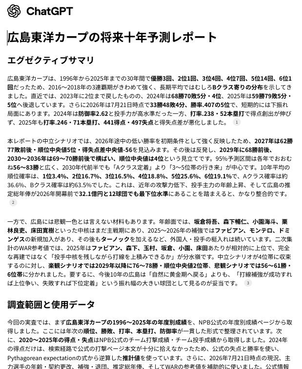 kumatanton's tweet photo. ChatGPTに今後のカープの展望を聞いたけど、よくて2031年まで待って何とか70勝ライン https://t.co/Xfi2vGoRdY