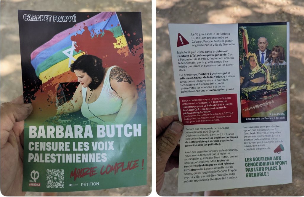 frhaz's tweet photo. Ainsi après @mbompard (« protestation pacifique à une position politique ») @CaronAymericoff (« micro évènement ») et consorts de LFI, @MathildePanot en rajoute une couche dans l’ignominie en accusant Barbara Butch d’avoir voulu « criminaliser les voix palestiniennes » pour défendre l’agression antisémite et homophobe contre Barbara Butch (CF tract de LFI) initiée par @allanbrunon, le chef antisémite et homophobe des élus @FranceInsoumise à la mairie de Grenoble. …
Si @MLP_officiel avait dit la même chose, beaucoup à gauche, à droite, au centre considèreraient à juste titre qu’elle et son parti devraient être bannis de la vie politique. Mais quand des élus de la meute « passionnément antisémite » font de l’antisémitisme une strategie de campagne pour fidéliser un électorat obnubilé par la haine d’Israël et des Juifs, ça passe crème … Jusqu’à quand ?