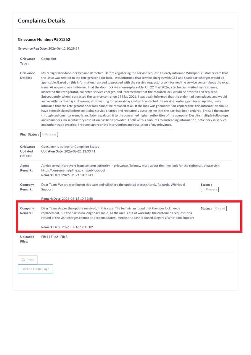 Shahzada_77's tweet photo. Dear @WhirlpoolIndia and @nch1915
Please look into my complaint seriously. If the required spare part was not available, why was I asked to pay service charges and why was a technician sent to my home?

NCH Docket No. 9501262 https://t.co/275sCKi3xR