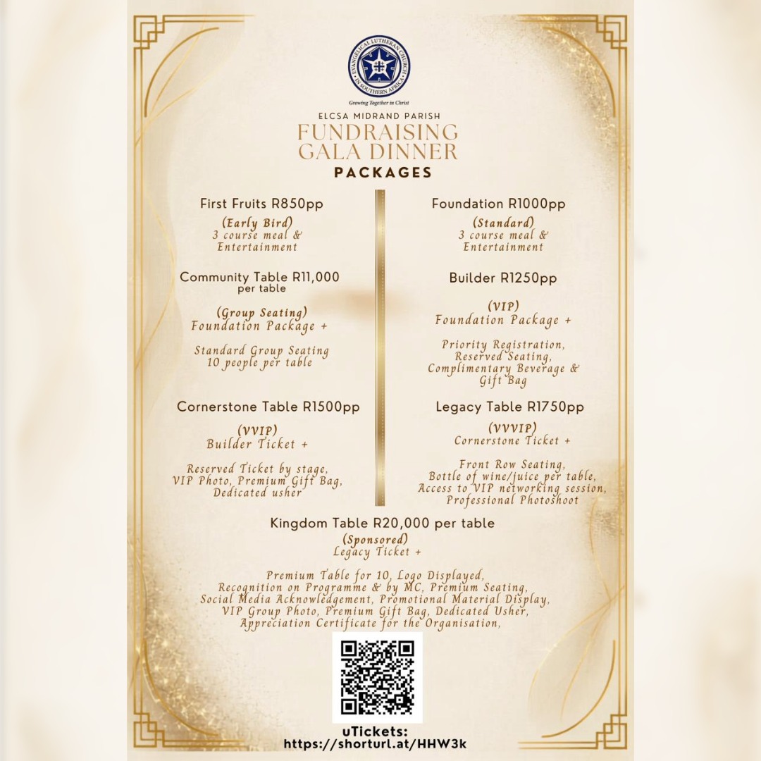 ElcsaMidrand's tweet photo. 🚨 UPDATE 🚨
ELCSA Midrand Parish Fundraising Gala Dinner. 
Our Keynote Speaker: The SARB Governor will be joining us for the Fundraising Gala Dinner! 🇿🇦
Get your tickets: https://t.co/o9Y3O2prAN 
Let’s build our home, our Church together.
Seats are limited! 💙#GalaDinner #ELCSA https://t.co/duSzls4G04