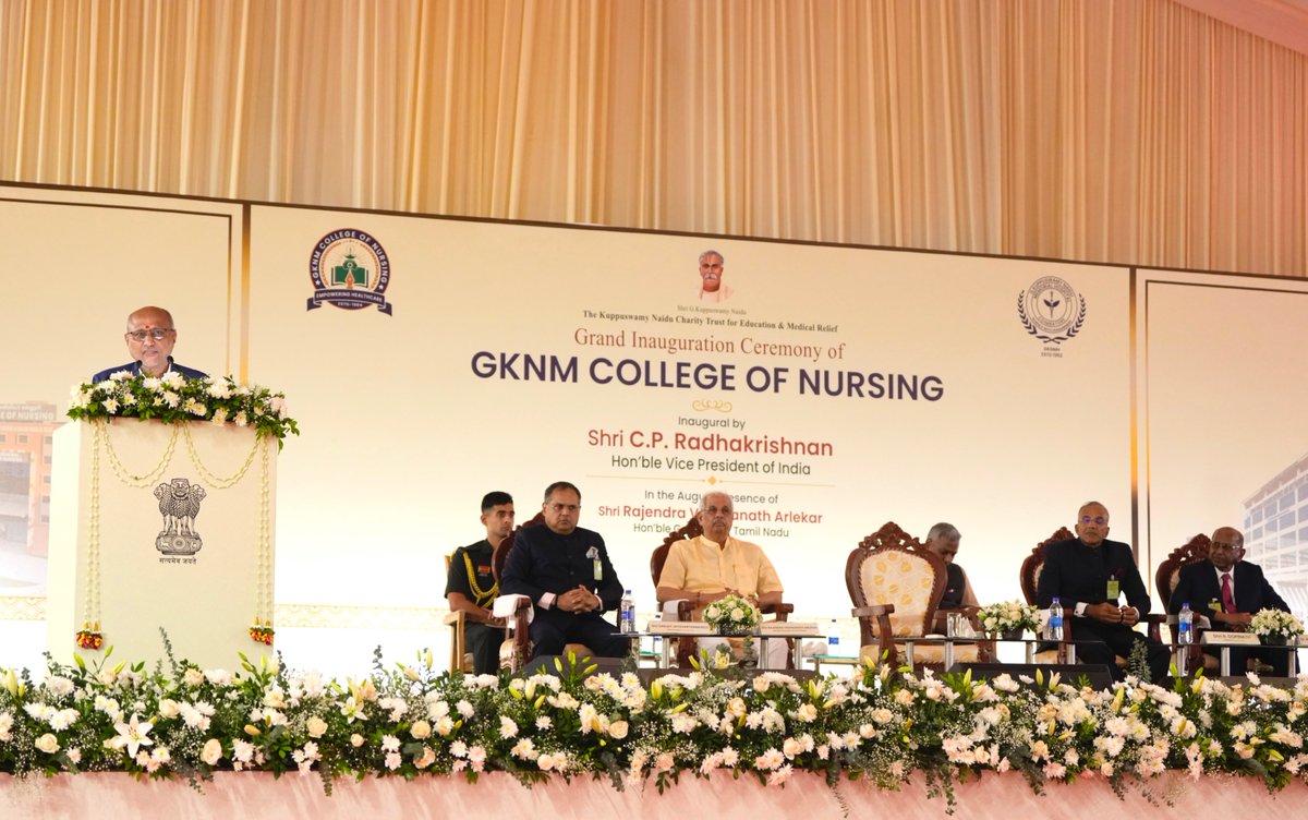 VPIndia's tweet photo. Vice President Shri C. P. Radhakrishnan inaugurated the GKNM college of Nursing in Coimbatore, Tamil Nadu today. 

Emphasising the vital role of nurses, the Vice President said they are far more than caregivers - they instill confidence, comfort and hope in patients, with their compassion playing an indispensable role in healing.

The Vice President called for strengthening India’s healthcare ecosystem through a skilled, compassionate and service-oriented workforce, saying that quality healthcare and education are the twin pillars of a healthy and developed nation. He said the country’s journey towards Viksit Bharat by 2047 would require collective efforts to improve healthcare delivery, promote preventive healthcare and nurture dedicated healthcare professionals.

Governor of Tamil Nadu Shri Rajendra Vishwanath Arlekar; President, Kuppuswamy Naidu Charity Trust for Education and Medical Relief Shri R. Gopinath; and other dignitaries were present during the occasion