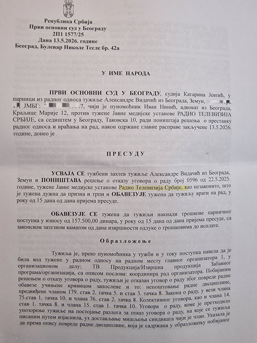 INinic's tweet photo. Dolazi vreme odgovornosti👇

Aleksandra Vidačić se vraća na RTS. Tu je radila 30 godina, preživela je i bombardovanje, ali nije Vučića i Bujoševića, koji joj je potpisao rešenje o otkazu, zbog upotrebe pištaljke, na protestu, ispred RTS. 

Ovakvom progonu ljudi mora doći kraj 👇 https://t.co/6gBxNgjcb9