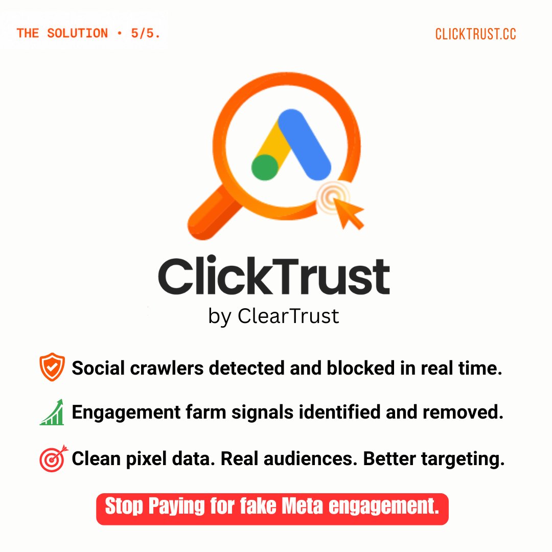 clicktrustcc's tweet photo. 14.50% of all ad fraud lives inside Meta. 👇

Social crawlers. Engagement farms. Fake signals corrupting your targeting. 🤖

Most fraud tools can't see any of it.

ClickTrust can. → https://t.co/AdRvL4EN4L 🛡️

#MetaAds #AdFraud #ClickFraud https://t.co/V9EDaUgtDO