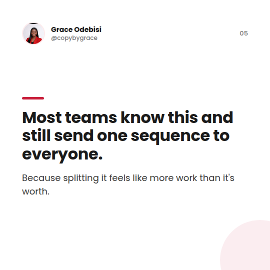 copybygrace's tweet photo. because building separate paths feels like more work than it's worth.

It's not. 
It's the difference between an email that gets read and one that gets ignored by everyone it wasn't written for.

I write onboarding emails that make every person who signs up feel like the https://t.co/r6nupxvNjx