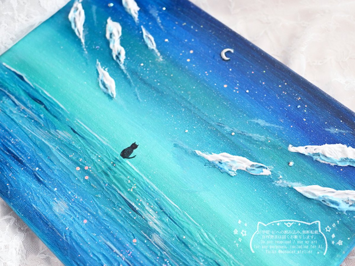 アクリル画「月あかりと君」 静かな海に映るのは、満天の星空