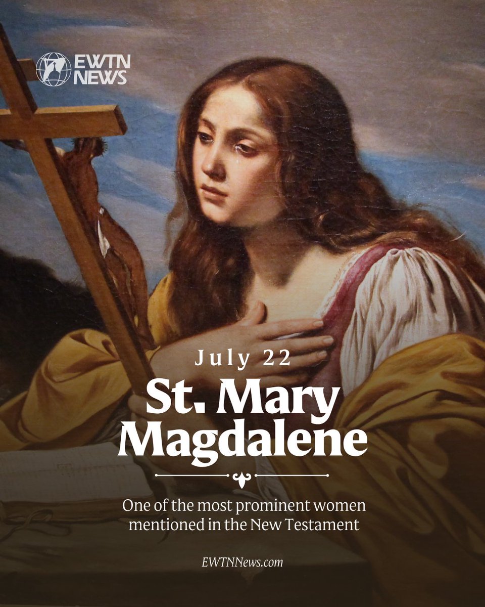 EWTNews's tweet photo. On July 22, the Church celebrates the Feast of St. Mary Magdelene, one of the most prominent women mentioned in the New Testament.

Her name comes from the town of Magdala in Galilee, where she was born. Scripture introduces her as a woman “who had been healed of evil spirits and infirmities: Mary, called Magdalene, from whom seven demons had gone out” (Lk. 8:2).

Some scholars identify Mary Magdalene with the sinful woman who anointed the feet of Christ with oil in the house of Simon the Pharisee (Lk. 7:36-50). Others associate her with Mary, the sister of Martha and Lazarus (Lk. 10:38-42, Jn. 11). Some believe the three figures to be one person, while others believe them to be three distinct individuals.

What the Scriptures make certain about Mary Magdalene is that she was a follower of Christ, who accompanied and ministered to him (Lk. 8:2-3). The Gospels record her as being one of the women present at Christ’s crucifixion.

In addition, she was the first recorded witness of the Resurrection. The Gospels all describe Mary Magdalene going to the tomb on Easter morning. When she saw that the tomb was empty, she stood outside, weeping. Jesus appeared to her and asked her, “Woman, why are you weeping? Whom are you looking for?” (Jn. 20:15)

She did not recognize him, however, and thought he was the gardener, until he said her name, “Mary!” (Jn. 20:16) Upon hearing this, Mary recognized him. She returned to the grieving disciples to announce to them the message of the Resurrection.

On June 10, 2016, the liturgical celebration honoring St. Mary Magdalene was raised from a memorial to a feast, putting her on par with the apostles.

https://t.co/AkhGUIHQuC