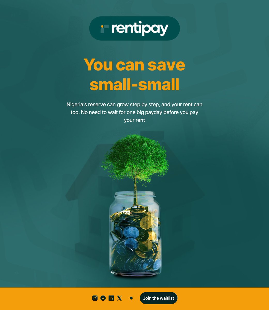 RentiPay01's tweet photo. Nigeria’s foreign reserves just hit a record high.  But my rent still wants the full amount dropped in one day.
This is exactly why we save small and consistently instead of scrambling for one big lump sum.  
The country builds its buffers step by step — your rent savings should work the same way.  

Waitlist open 👇 
https://t.co/eQY2kuqiZw
 #RentSavings #ProgressiveSaving #NaijaFinance