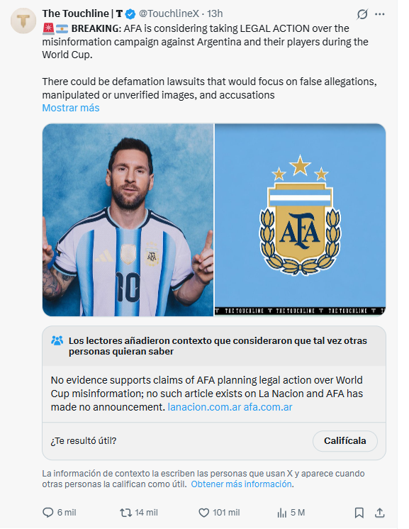 Pedro_Torrijos's tweet photo. Uno de los fenómenos más interesantes de analizar —y más deprimentes— de este Mundial han sido este tipo de cuentas que ponen un entrecomillado con unas supuestas declaraciones de alguien y con un par de fotos. Declaraciones casi siempre falsas y cuyo único objetivo es monetizar.

Y lo consiguen, porque se llenan de RTs y comentarios. Porque para ellos es un trabajo del cual sacar dinero. 

Y dices: pero la monetización es muy poco dinero. Bueno, algunas son europeas o americanas, pero otras veces son cuentas con sede en Asia o en África, y esa monetización puede ser mucha pasta en países fuera del hemisferio occidental. 

En ese sentido, todas han encontrado un filón: que la desinformación y la indignación es un activo económico.

Esto ya pasaba de antes, solo que ahora se está extendiendo con disfraces más sutiles.

(Pongo esta cuenta porque me acaba de salir, pero hay cien iguales).
