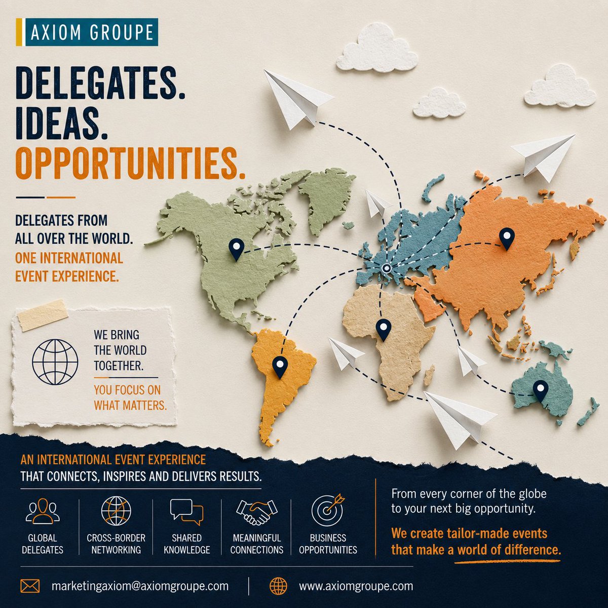 AxiomGroupe's tweet photo. Business has no borders. Neither do we. 🌍

We bring delegates from around the world together through tailor-made international events that create meaningful connections.

🌐https://t.co/zpMpaTKMWj

#AxiomGroupe #InternationalEvents #GlobalNetworking https://t.co/jiNHnciUDN