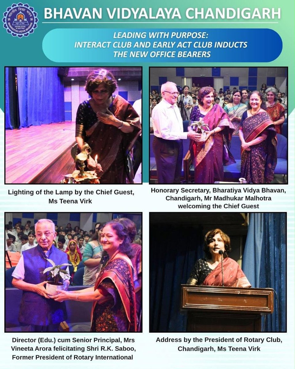 BhavanCHD's tweet photo. Bhavan Vidyalaya, Chandigarh inducted the new office bearers of the Interact Club. Ms. Teena Virk, President of Rotary Club, Chandigarh, District 3080, presided over the ceremony as the Chief Guest. https://t.co/eFNxj86Uzf