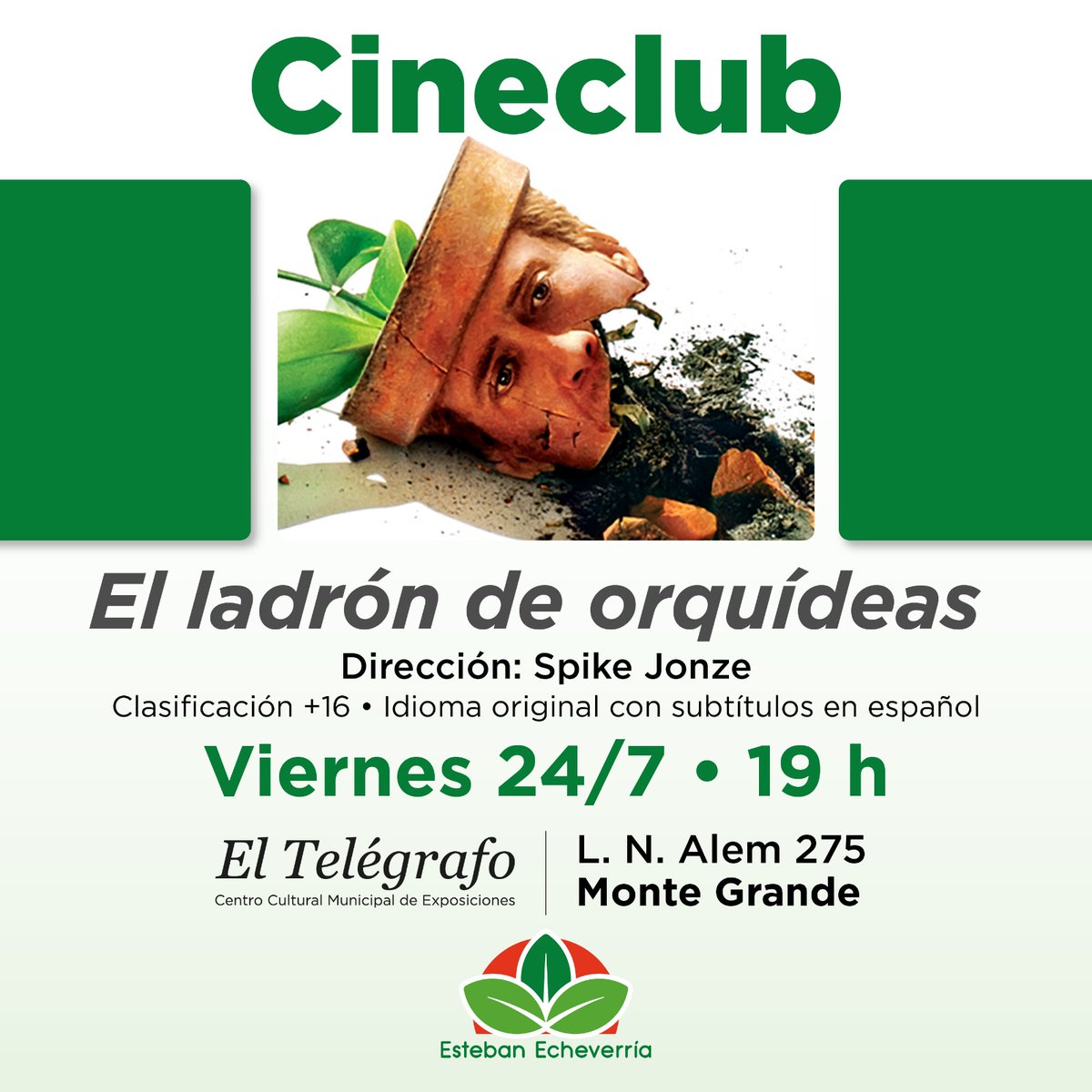 MunicipioEE's tweet photo. 🎬 Nuestro Cineclub te invita a disfrutar de “El ladrón de orquídeas”, dirigida por Spike Jonze.
📆 Viernes 24/7.
⏰ 19 h.
✅ Función para mayores de 16 años. Entrada gratuita.
📍 Centro Cultural El Telégrafo, L. N. Alem 275, #MonteGrande.
#ElegimosEstar https://t.co/TjFd8x6Nfk