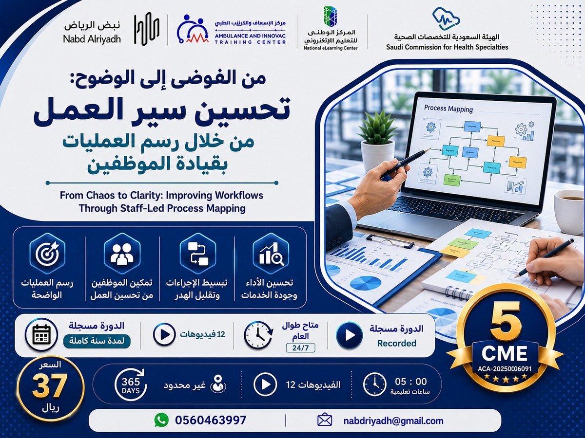 MrkzAf's tweet photo. 🚨دورة الفوضى إلى الوضوح تحسين سير العمل من خلال رسم العمليات بقيادة الموظفين
✅نشاط إلكتروني غير متزامن_راحة ومرونة في التعلم
 🚨CME=5
✅الفئة المستهدفة:جميع التخصصات الصحية🥼

🔗رابط التسجيل👇
https://t.co/gPxBZjkOBR
#ممارس_بلس  #دورات_أونلاين  #دورات_تدريبية_معتمدة #الصحة
#CME https://t.co/VZLnBcQmtf