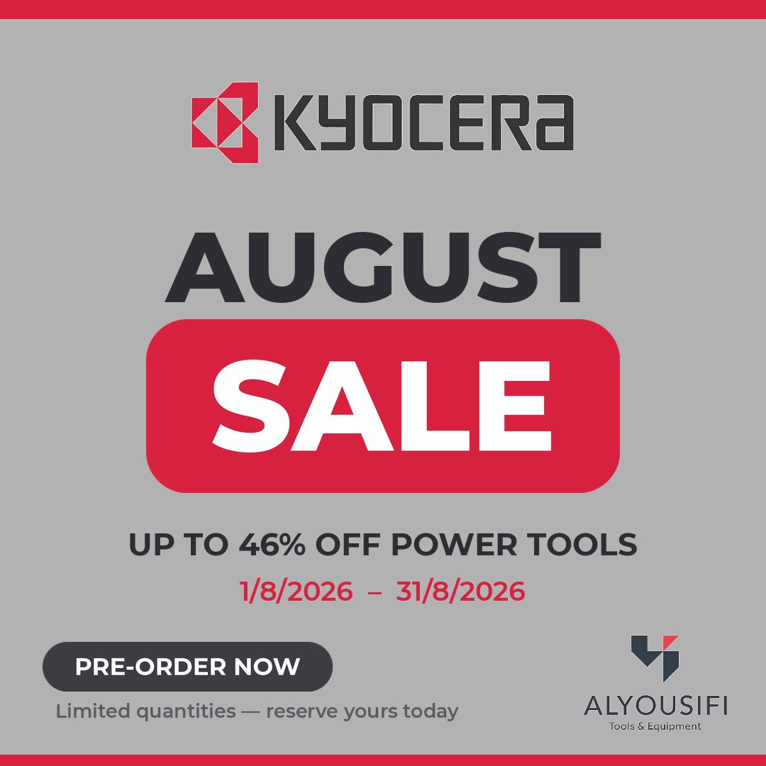 Alyousifi_Tools's tweet photo. 🔥 AUGUST SALE — up to 46% OFF Kyocera power tools

🛠 Rotary hammer 69.750 → 38 KWD
🛠 Grinder 31.500 → 17 KWD
+4 more deals

📅 1–31 Aug 2026 | Limited stock
📦 Pre-order now 👉 https://t.co/IMKBSdFNBn

#الكويت #Q8 #Kyocera https://t.co/UKyTCqgys4