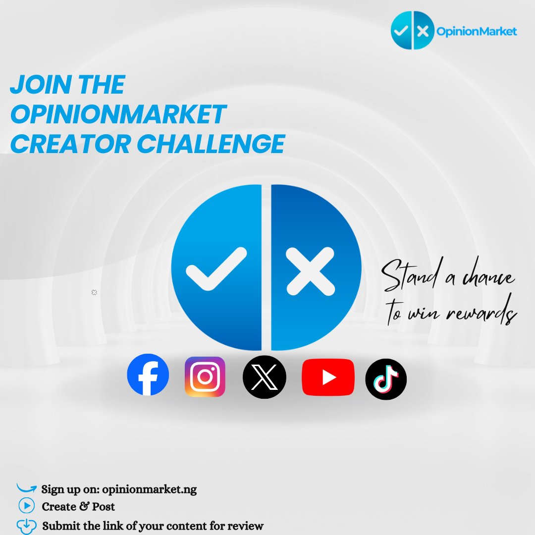 OpinionMarketNG's tweet photo. JOIN THE OPINIONMARKET CREATOR CHALLENGE!
Create engaging content about markets on OpinionMarket for a chance to win cash rewards!

How to Participate:
Sign up @ https://t.co/W1xrD8HOR8
Create and post your content.
Submit it for review.

Note: Only creators with the best content and highest engagement will be rewarded.