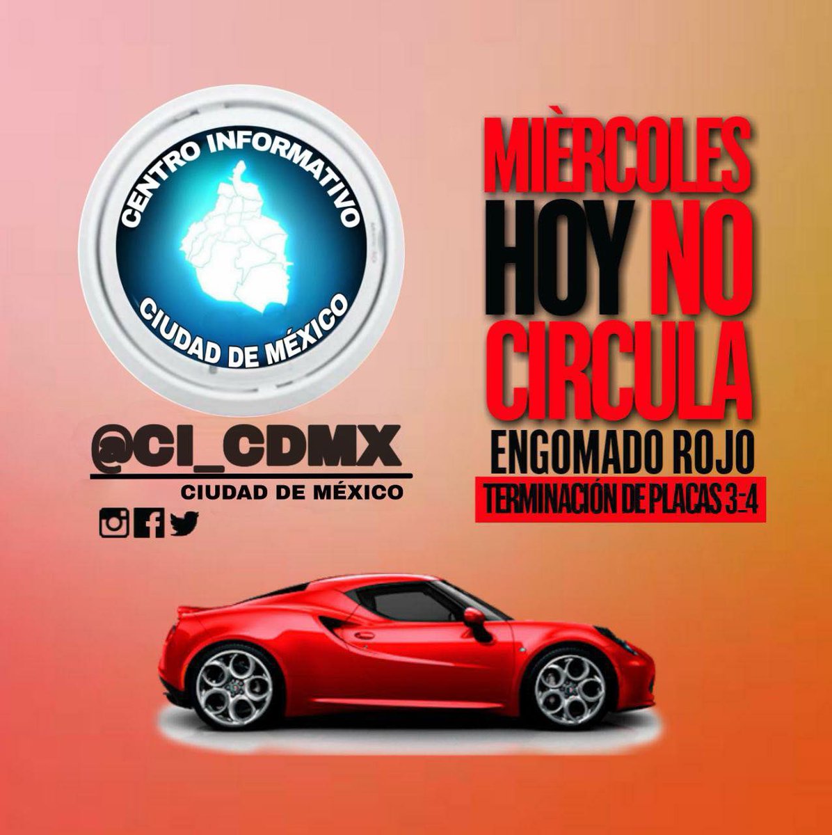 CI_CDMX's tweet photo. #QueNoSeTeOlvide

Hoy Miércoles El programa #HoyNoCircula aplica a vehículos con engomado color rojo terminación de placas 3 y 4, hologramas 1 y 2. https://t.co/U06OSepCSk