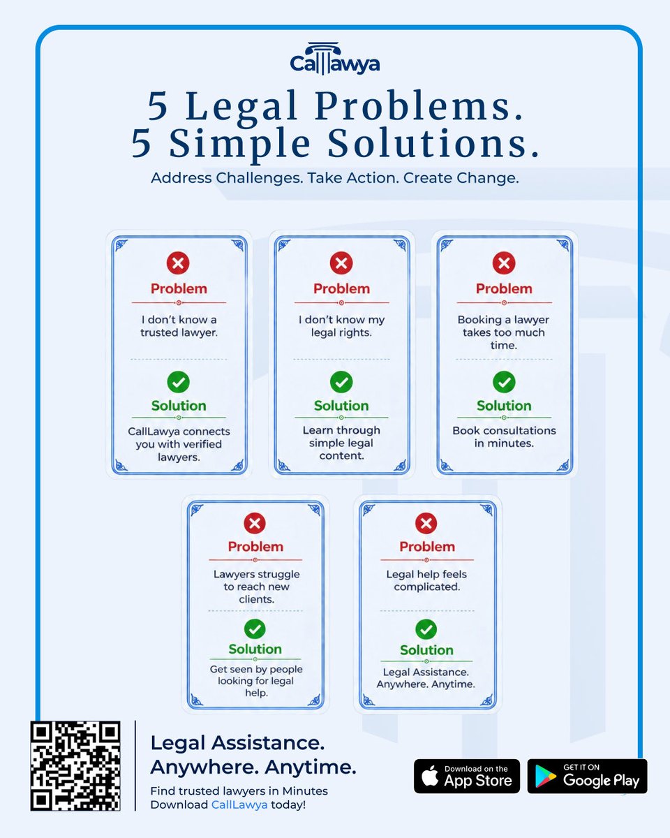 CallLawya_app's tweet photo. Most Nigerians have asked:

“Do you know a good lawyer?”

We think finding one should be easier.

Swipe through 5 everyday legal problems and how CallLawya helps solve them.

📲 Legal Assistance. Anywhere. Anytime.

#CallLawya #LegalTech #KnowYourRights #Nigeria #Lawyers https://t.co/CMwRL8U3KA