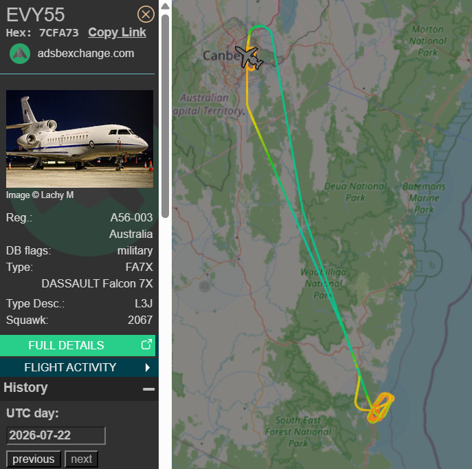 raaf_vip's tweet photo. Training flight, including air-work at Merimbula Airport (MIM).
Dassault Falcon 7X // A56-003 // Envoy 55
Route: Canberra (CBR) - Canberra (CBR)
🛫: 04:12 UTC on 22/07/2026
🛬: 05:39 UTC
#RAAF #AusAirForce #A56003 #Merimbula #Canberra https://t.co/xD0OmYcWst