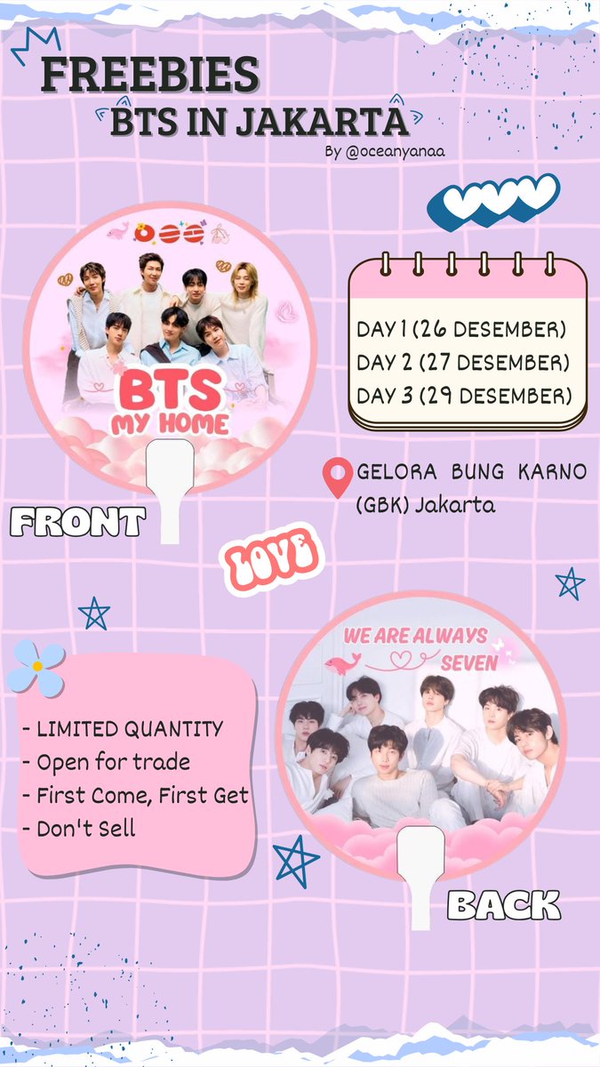 oceanyanaa's tweet photo. 🌸 FREEBIES BTS ARIRANG IN JAKARTA by Oceanyanaa 🌸

📅 26, 27 &amp; 29 Desember 2026
📍 GBK (Gelora Bung Karno Stadium)

🌸 rt + like tweet ini
🌸 limited quantity
🌸 first come, first served
🌸 trades are welcome, dm yaa 🫶🏻
🌸 don’t sell or throw it away

See you 🥰 https://t.co/RPWFARIlqI