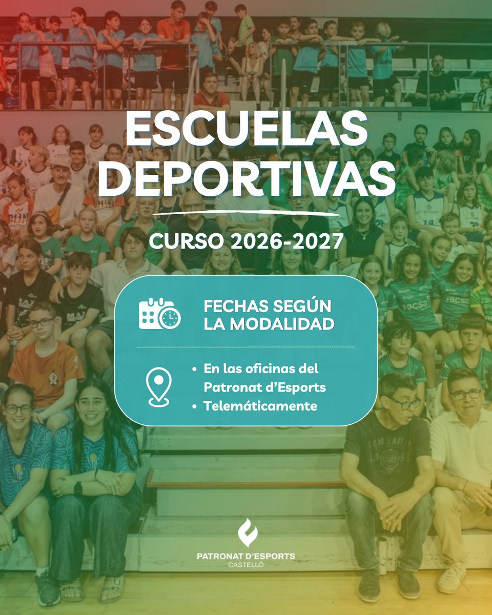 PatronatEsports's tweet photo. 📣 ¡La nueva temporada de las Escuelas Deportivas Municipales ya está en marcha!

📅 Cada escuela deportiva cuenta con un calendario propio de renovaciones, cambios de grupo y nuevas inscripciones.

Toda la información en 🔗 https://t.co/Yu6VAMHUsU

#CastellónEsDeporte https://t.co/sEtixdOzg3
