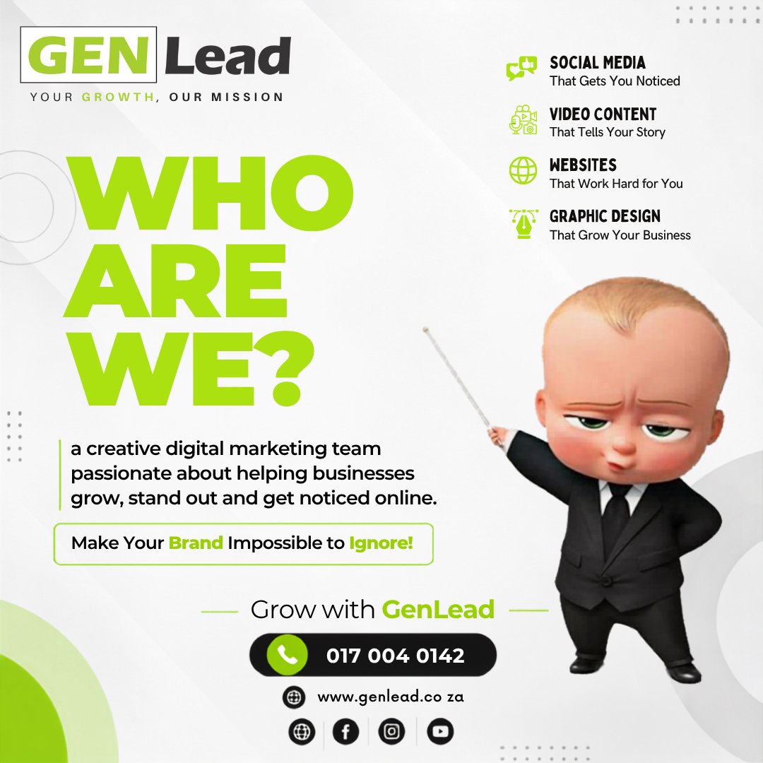 genlead_za's tweet photo. Who Are We? 💚🖤

We are GenLead, a creative digital marketing team passionate about helping businesses grow, stand out and get noticed online.

From social media marketing and graphic design to websites, video content and smart digital strategies, we help brands show up professionally and reach the right audience.

Our goal is simple:
Smart Strategies. Real Results.

📞 017 004 0142
🌐 https://t.co/vzz0JBwOIK

#GenLead #WhoAreWe #DigitalMarketing #SocialMediaMarketing #GraphicDesign #WebsiteDesign #SmartStrategiesRealResults