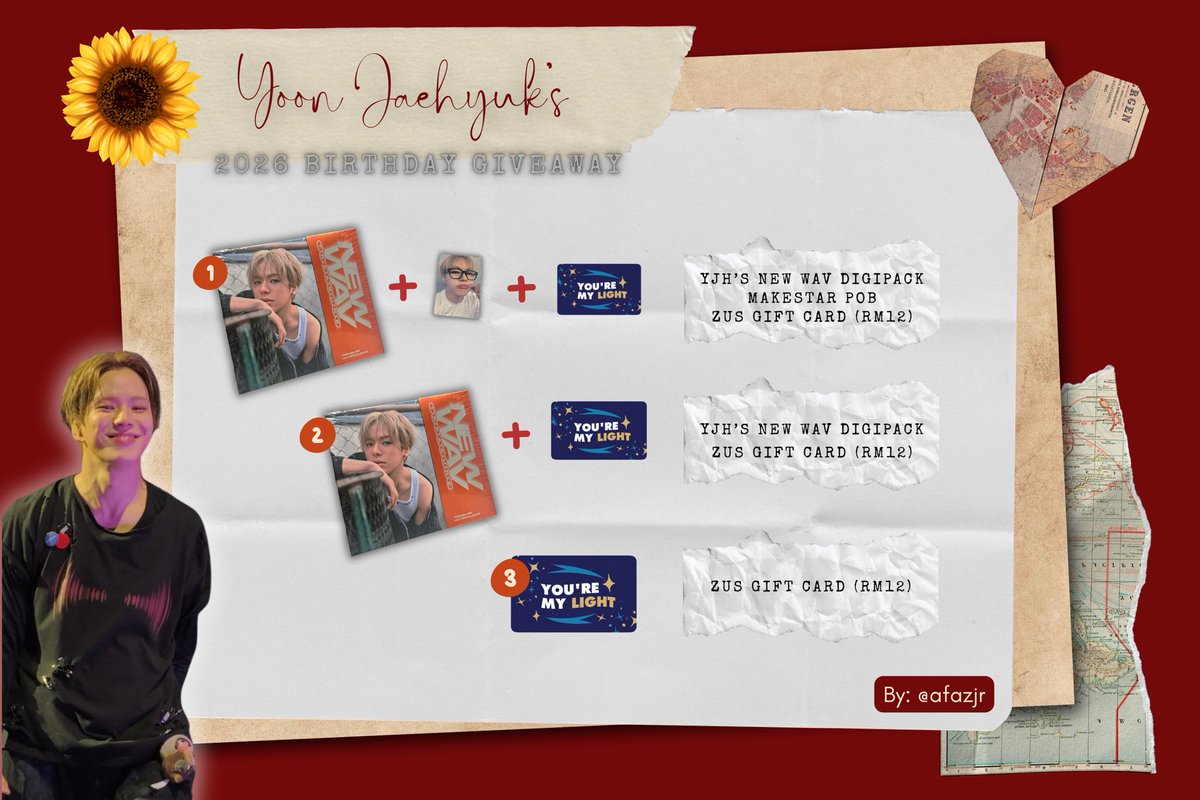 afazjr's tweet photo. YJH’s 2026 Birthday Giveaway 🥳

🎁 3 winners
𝜗𝜚 1x digipack + pob + zus giftcard (RM12)
𝜗𝜚 1x digipack + zus giftcard (RM12)
𝜗𝜚 1x zus gift card (RM12)

Rules:
꘩ Malaysian only 🇲🇾
꘩ Rt and like 💟
꘩ Can wait; no rush postage 🚚

Can fill in the gform below if interested to join ~
🔗 https://t.co/OyatvqxhVC