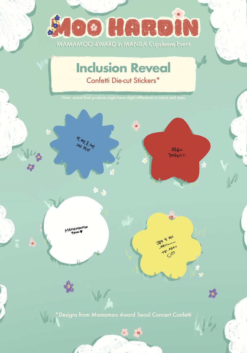 moo4flwrs's tweet photo. 🌻🌷🌼🌹(3/6) Inclusions reveal‼️‼️

Check out the keychain, stickers, and photocards designs for our 𝗠𝗼𝗼 𝗛𝗮𝗿𝗱𝗶𝗻🌺 cupsleeve kit inclusions!

Secure them now by registering in https://t.co/my76IpSf9Q 💚

#MAMAMOO #4WARDinManila #CSE
#Solar #Moonbyul #Wheein #Hwasa https://t.co/txvzeX57W8