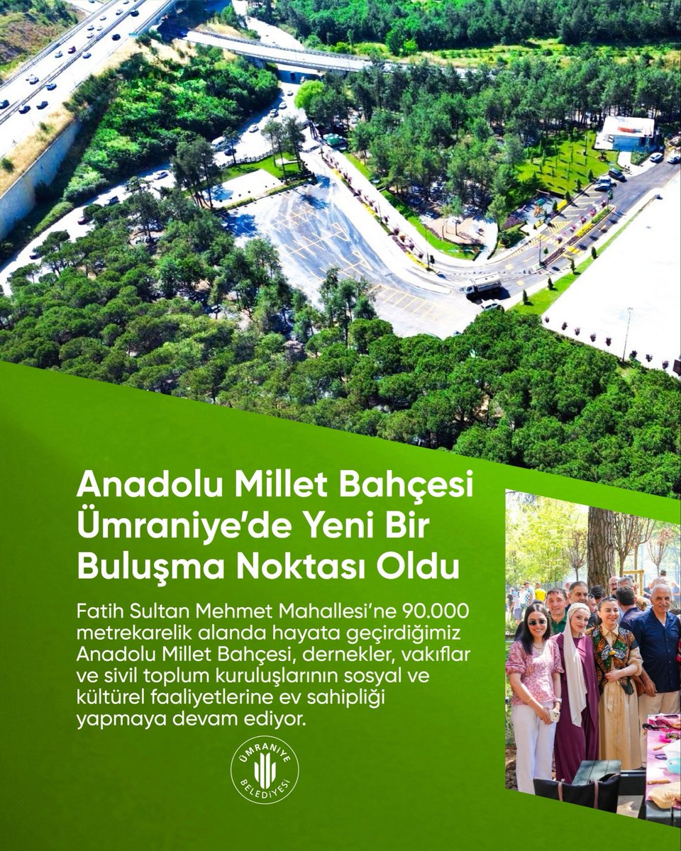 umraniyebeltr's tweet photo. Fatih Sultan Mehmet Mahallesi’nde 90 bin metrekarelik alanda hayata geçirdiğimiz Anadolu Millet Bahçesi, derneklerimizin, vakıflarımızın ve sivil toplum kuruluşlarımızın sosyal ve kültürel faaliyetlerine ev sahipliği yapmayı sürdürüyor.

#ÇalışmakBizimİşimiz https://t.co/uFchy9SR1J