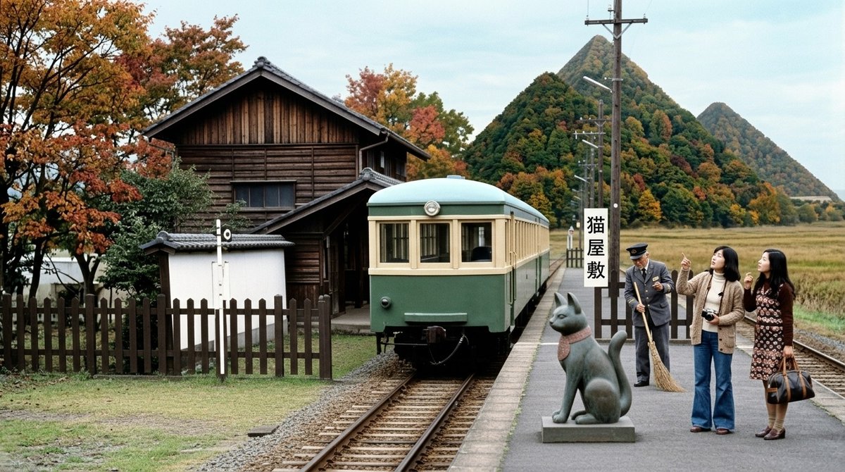 3kd1DEqiNCb3Y7L's tweet photo. 城下町・野玉と隣り合わせの駅、武家町・久富丁にある猫屋敷駅。藩政時代、作事奉行珠野尚右衛門屋敷のあった場所で、猫がひしめいていたので猫屋敷の通称があって記念館になっている。その裏門に駅から直接入れるようになっていて、所謂「アンノン族」の女性たちが映り込んでいる。 https://t.co/nnYBxCumBw
