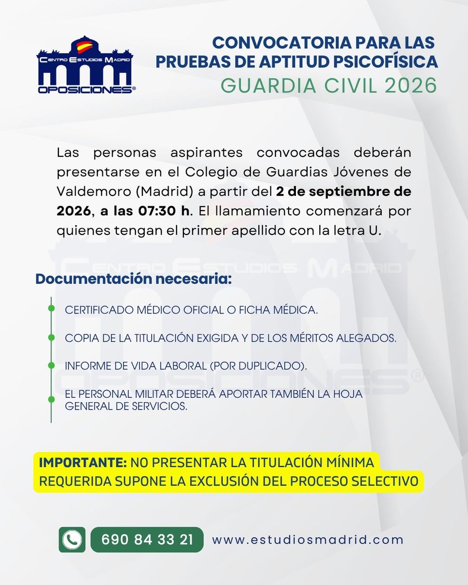 CEstudiosM's tweet photo. 🚨 Convocadas las pruebas de aptitud psicofísica de la #GuardiaCivil2026.

📍 Desde el 2 de septiembre en Valdemoro.
📄 Revisa la documentación obligatoria y evita incidencias.

https://t.co/WVTvo19zCj https://t.co/pQtKjWzf5I