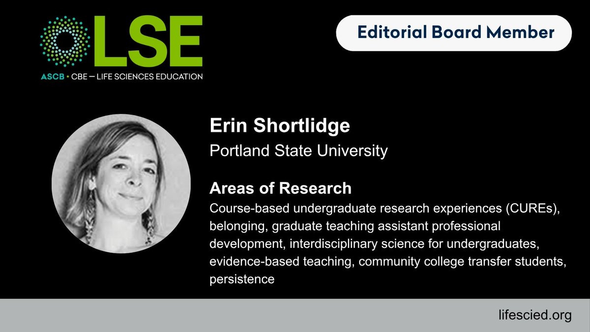 CBELifescied's tweet photo. Featured LSE Editor

Erin Shortlidge (Portland State University) studies CUREs, belonging, evidence-based teaching, and student persistence. She values the LSE community for bringing together diverse perspectives to strengthen STEM higher education.

https://t.co/txeRcAyVL1 https://t.co/hJky8eSoQW