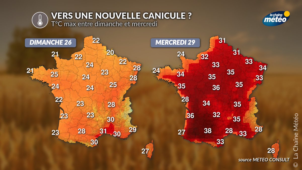 lachainemeteo's tweet photo. 🌡️📈 Une nouvelle période de fortes chaleurs à l'échelle nationale est envisagée dès la semaine prochaine. Il est encore trop tôt pour qualifier cet épisode, mais les signaux sont très chauds pour fin juillet et début #août. #chaleur #canicule https://t.co/wmV76hdmKM