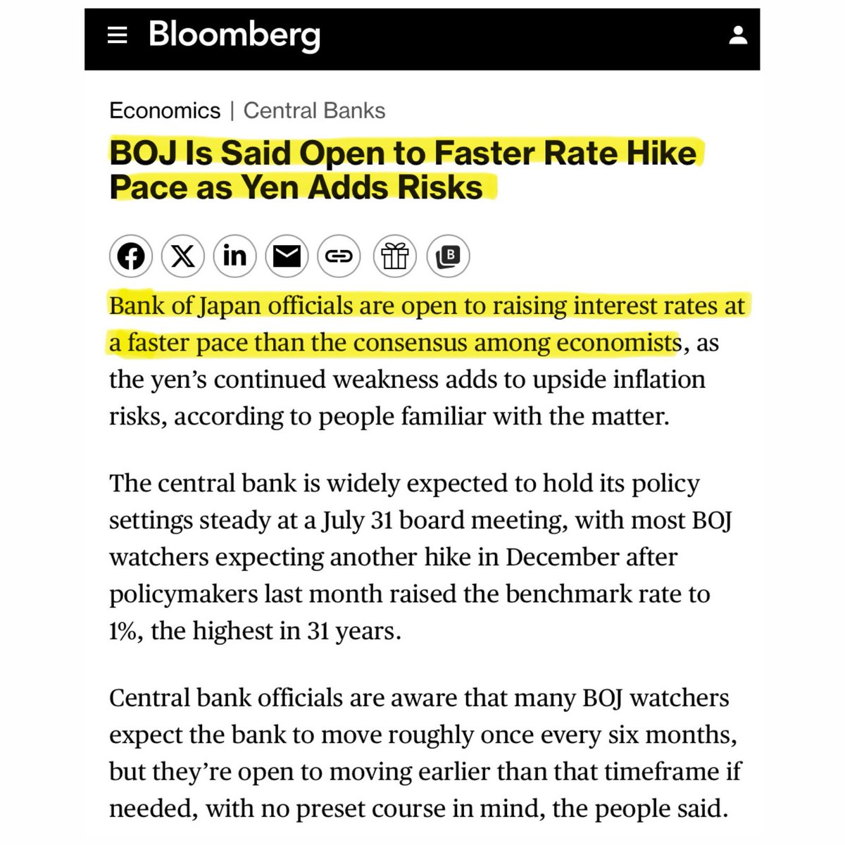 BullTheoryio's tweet photo. 🚨 THE NEXT GLOBAL MARKET SELLOFF COULD START BECAUSE OF JAPAN.

Bank of Japan officials just said they're ready to hike rates sooner than expected, according to Bloomberg.

The reason: the yen keeps falling, and that's pushing inflation risk higher.

The yen just hit its weakest level in 40 years. Right after that, the government warned it might step in.

The next hike was expected in December, six months after June's rate hike.

But officials say they don't have to wait that long. They can hike sooner if needed.

The market is already pricing a rate hike sooner than expected. Traders are pricing in a 72% chance of another hike by October, two months earlier than the usual timeline.

There's another reason for this. Companies are raising prices faster than before, and a weak yen gives them even more reason to keep doing that.

Inflation is now close to the BOJ's 2% target for the first time in 13 years.

A single BOJ rate hike in August 2024 was enough to trigger a massive global stock selloff. 

That's because trillions of dollars sit in the yen carry trade, where investors borrow cheap yen and use it to buy higher yielding assets abroad.

Now imagine what a faster, unexpected round of hikes could do.