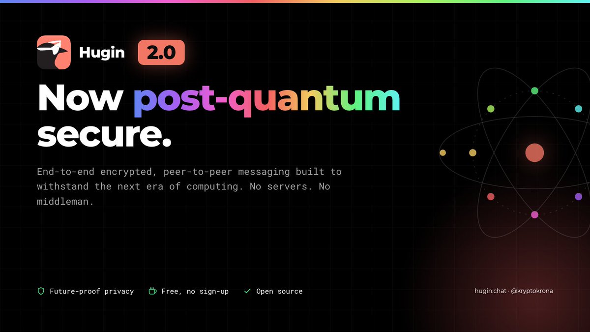 kryptokrona's tweet photo. Hugin 2.0 is out now! This version has a massive upgrade to the encryption, making it post-quantum secure with the use of ML-KEM. Additionally, Hugin addresses are now exactly the same as regular XKR addresses, meaning no more confusion on when to use which! One works everywhere! https://t.co/T6iQGaoxBJ