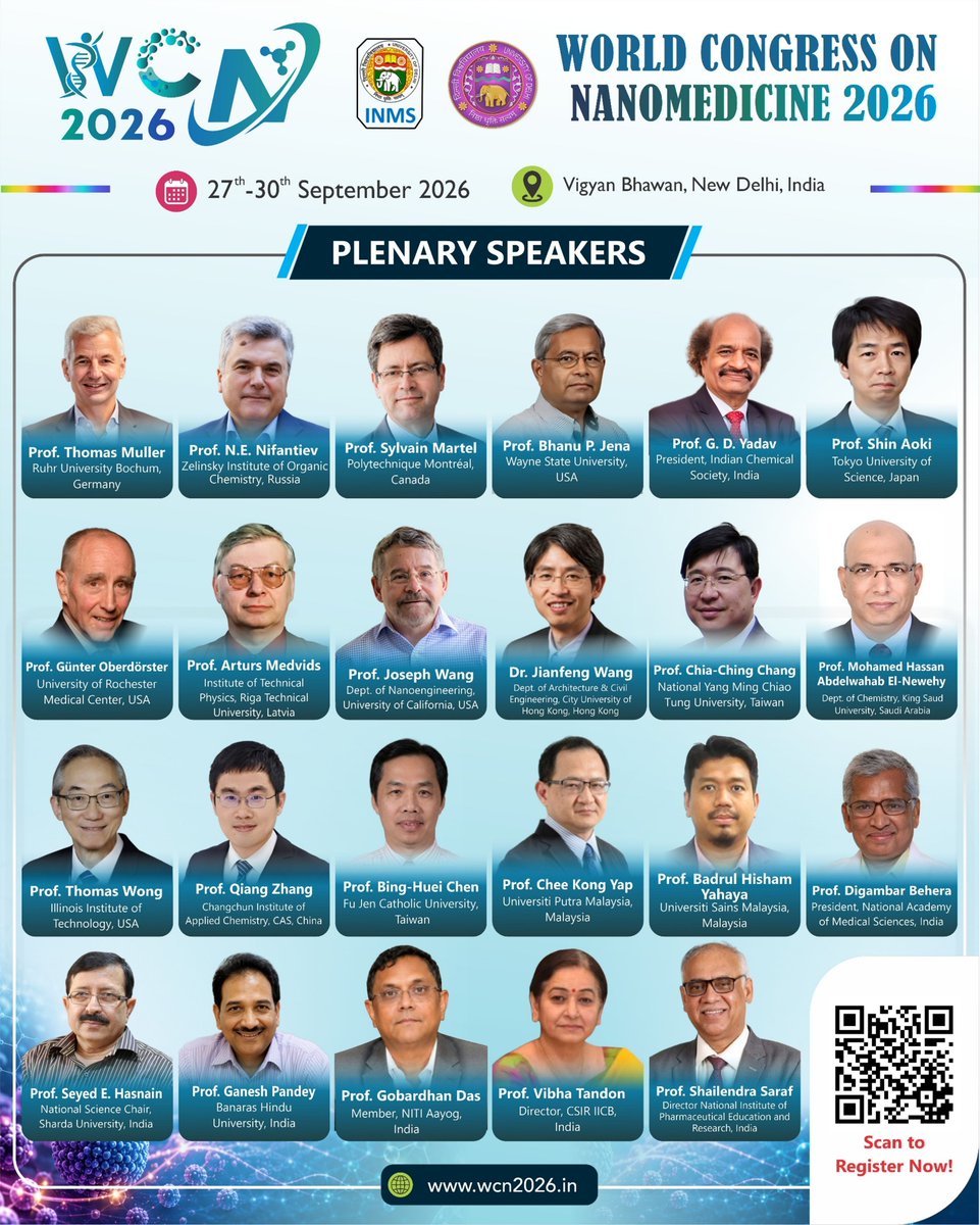 WCN2026's tweet photo. Meet the distinguished Plenary Speakers at #WCN2026!

Join world-renowned experts in Nanomedicine &amp; Healthcare Innovation.

📅 27–30 Sept 2026
📍 Vigyan Bhawan, New Delhi

Register now: https://t.co/inf5MhyuE3

#Nanomedicine #Nanotechnology #Healthcare #Research #Innovation https://t.co/ZvvXHOZXFI
