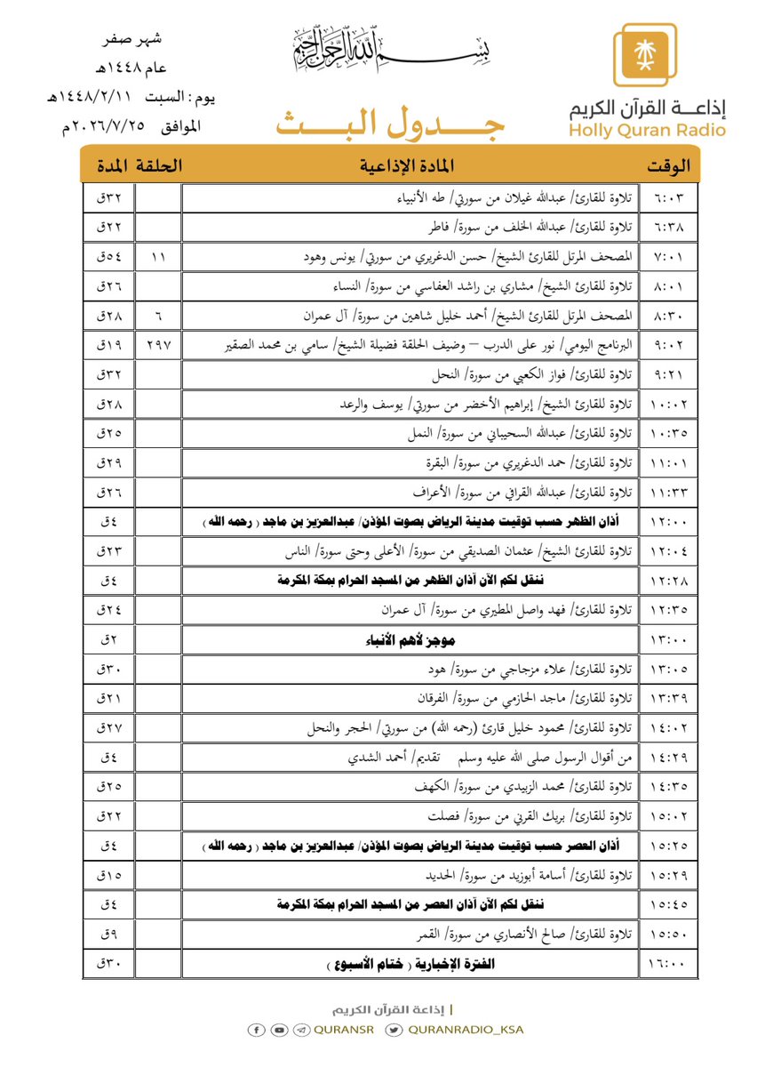 QuranRadio_ksa's tweet photo. جدول تلاوات وبرامج
#إذاعة_القرآن_الكريم
ليوم #السبت 1448/2/11

رابط البث المباشر 👇🏻
https://t.co/Uc2JC5TYgh https://t.co/zq5zrBBn3R
