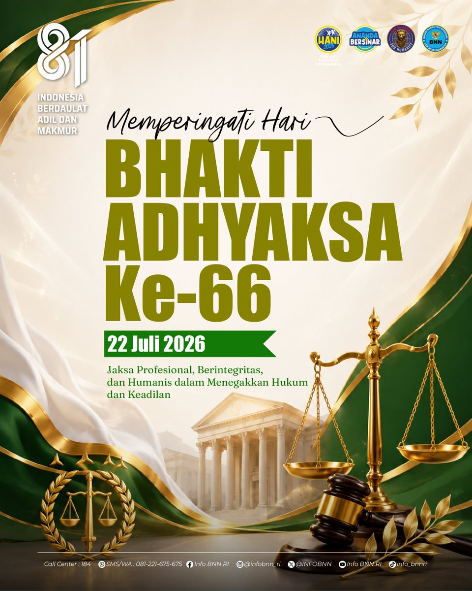 INFOBNN's tweet photo. Hari Bhakti Adhyaksa Ke-66
22 Juli 2026
Selamat Memperingati Hari Bhakti Adhyaksa Ke-66!
#HariBhaktiAdhyaksa66
#KejaksaanRI #HBA66 #JaksaProfesional #WarOnDrugsForHumanity https://t.co/QiM9m3lfAU