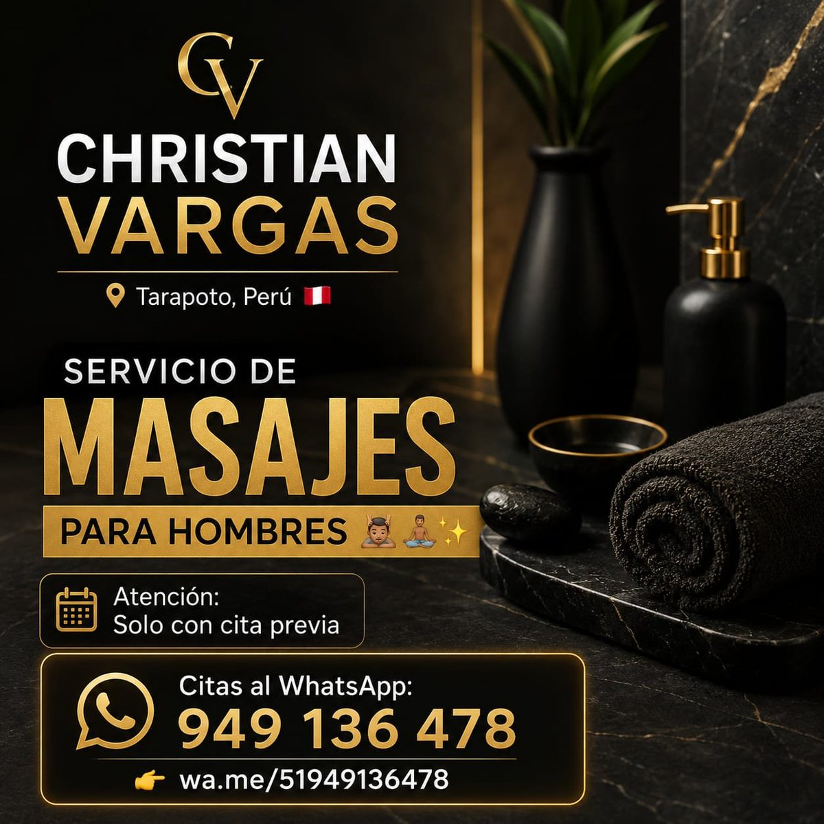 chrisvarcruz's tweet photo. CHRISTIAN VARGAS | Tarapoto, Perú 
Servicio de Masajes para hombres, hecho por hombre. 💆🏽‍♂️🧘‍♂️✨
📍 Tarapoto, Perú 🇵🇪
.
📆 Atención: Solo con cita previa.
.
📲 Citas al WhatsApp: 949 136 478 👉 https://t.co/7jzGRDdiGz 
.
#masajeparahombres #masajesparacaballeros #TarapotoMasajes https://t.co/Kj660pKgri