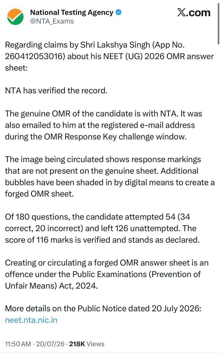 Indian_Analyzer's tweet photo. So Lakshay Singh wasted his dad's Lakhs of ruppes & then made him a CLOWN infront of everyone🤣

He showed his father a Digitally altered OMR which showed him scoring 660 marks
-> He actually scored just 116 marks🤯

- NTA has sent the original OMR to his e-mail now.

Forget 660 marks, he didn't even attempt 66 questions😂

Of 180 questions, the candidate attempted 54 (34 correct, 20 incorrect).

Don't leave them ffs. Under the Public Examinations (Prevention of Unfair Means) Act, 2024, sharing a FORGED OMR has following punishment:

Imprisonment: 3 to 5 years
Fine: Up to ₹10 lakh
Offences are: Cognizable, non-bailable, and non-compoundable.  

PUT THEM BEHIND THE BARS. THESE GUYS DESERVE THIS😠