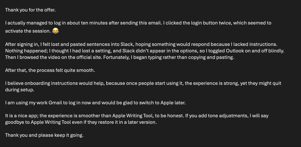 buildbypratik's tweet photo. The most useful email I've gotten since launching Lyra:

A user telling me the onboarding was so confusing she almost quit but pushed through, and now the app is smoother than Apple Writing Tools for her.

Your first users are your founding families, treat them like gold! https://t.co/Pujh59Ayt8